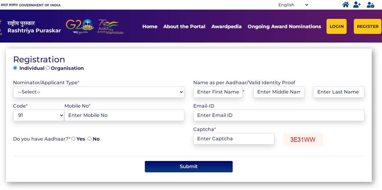 awards gov in Registration awards.gov.in login